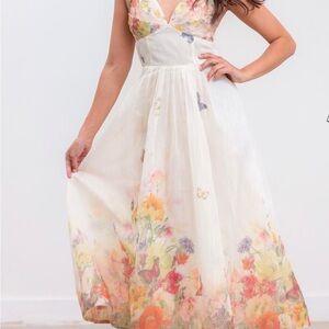 BUTTERFLY BLOSSOM cream Plunge Neck Sleeveless Maxi Sundress